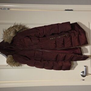 Women's Burgundy Puffer Coat with Faux Fur Hood